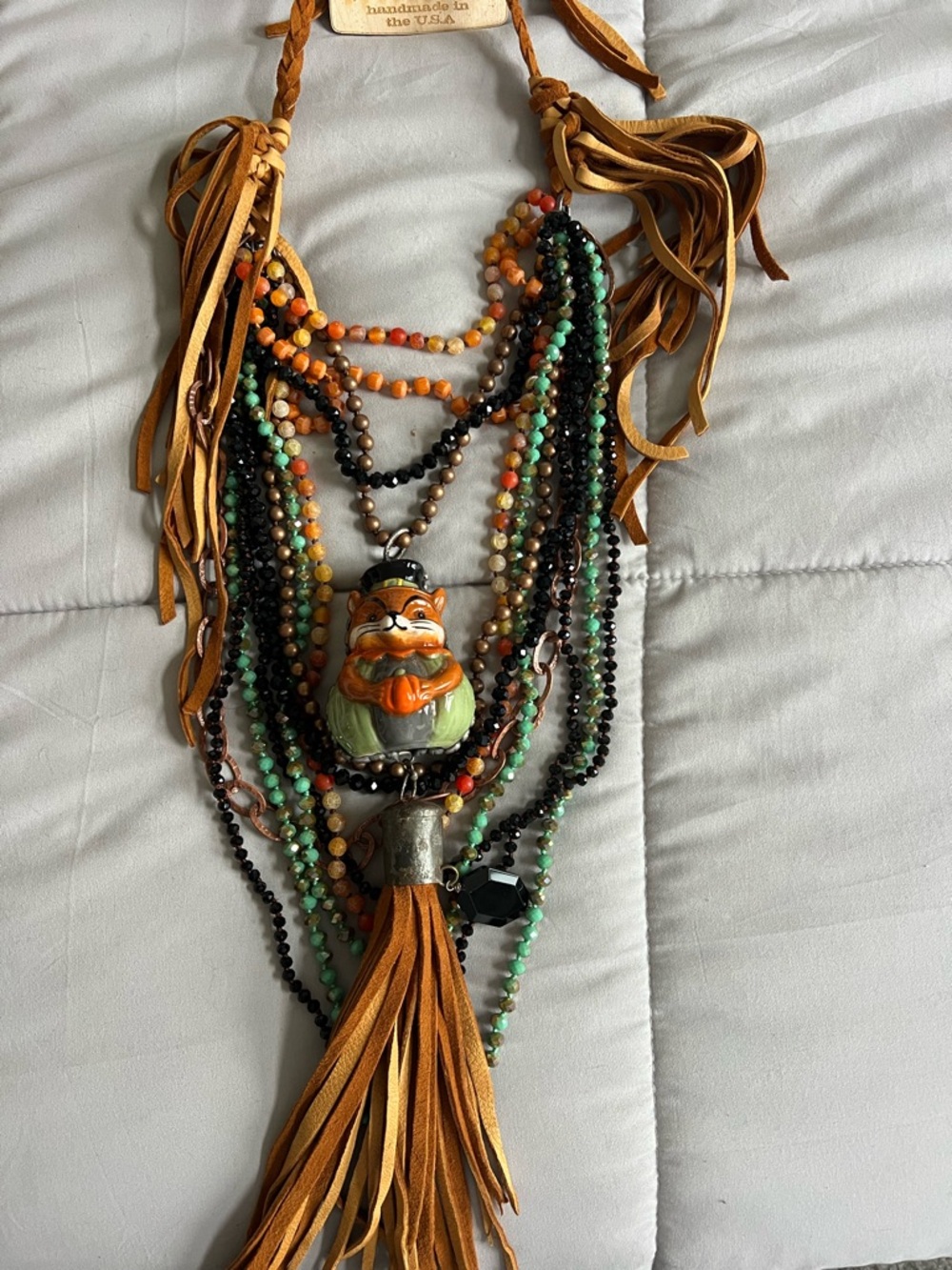 Art by Amy Multi-Strand Beaded Tassel Necklace with Ceramic Fox